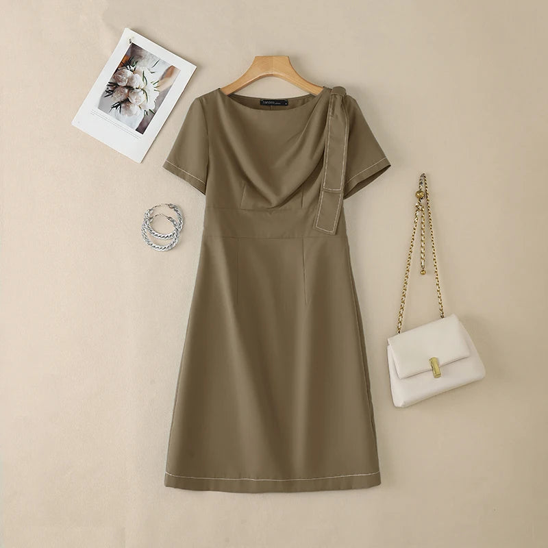 ZANZEA Elegant Women OL Work Dresses 2026 Summer Short Sleeve Solid Knee Length Dress Robe Stylish A Line Waisted Party Vestidos
