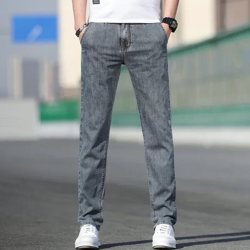 2025 Summer New Men's Loose Gray Jeans Fashion Casual Stretch Straight-leg Denim Pants Male Light Blue Men's Trousers