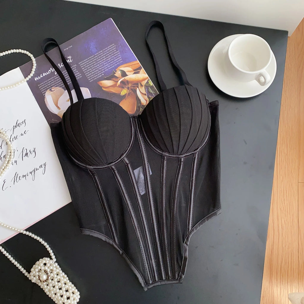SINGREINY Fashion Solid Corset Lingerie Top Ladies Strap Sheer Mesh Slim Camisole American Retro Backless Beach Sexy Tank Top