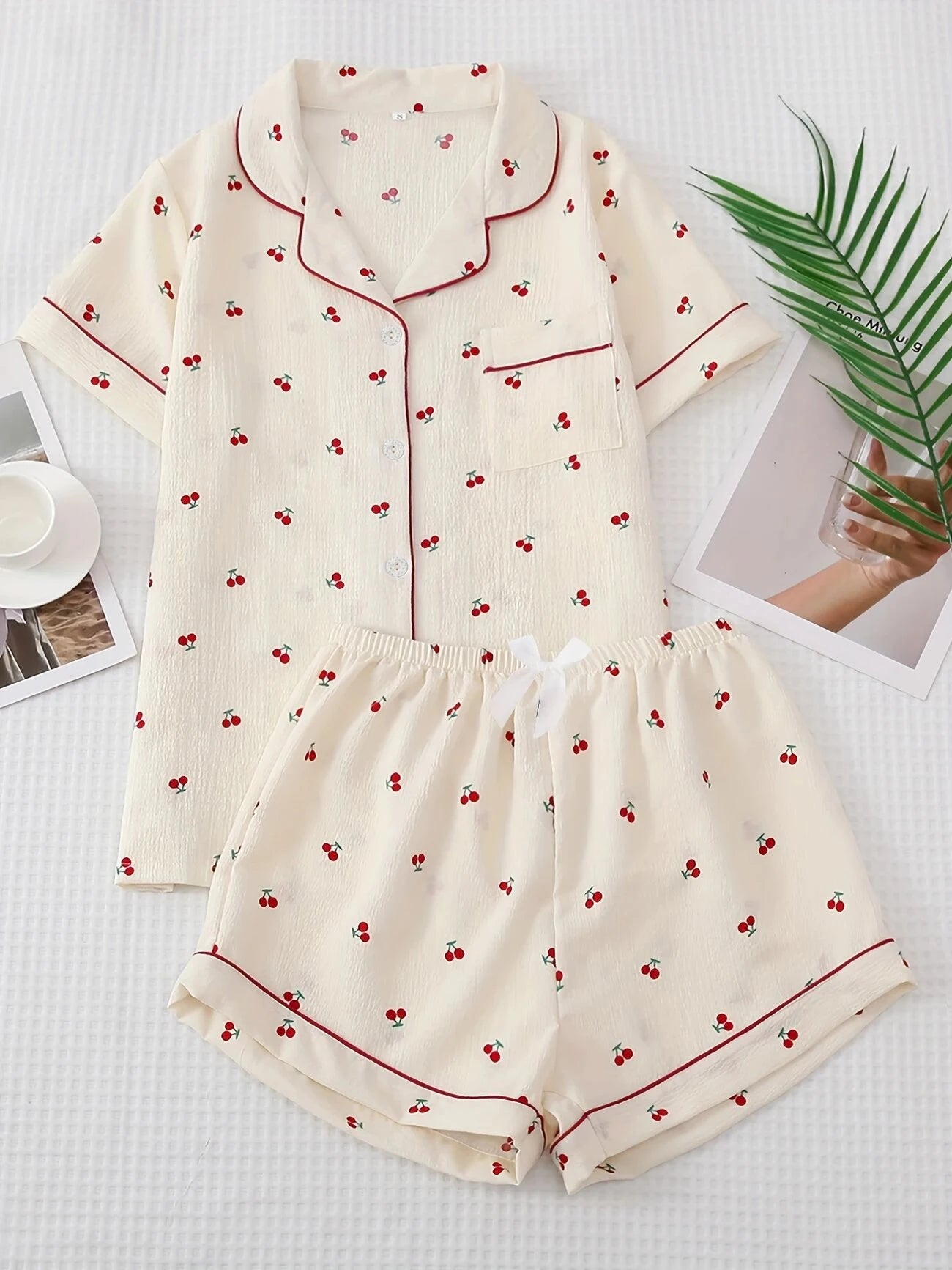 Women Pajamas Cardigan Lapel Short Sleeve Shorts Two Piece Set Loungewear Spring Summer Sweet Cherry Print Beige Background Loos