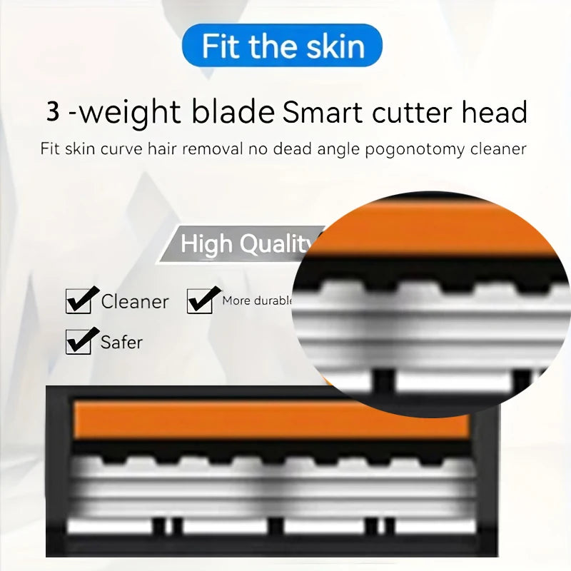Men's 3-Blade Manual Razor with Non-Slip Handle and Multiple Replacement Blades - Ideal for Trimming Beards and Mustaches