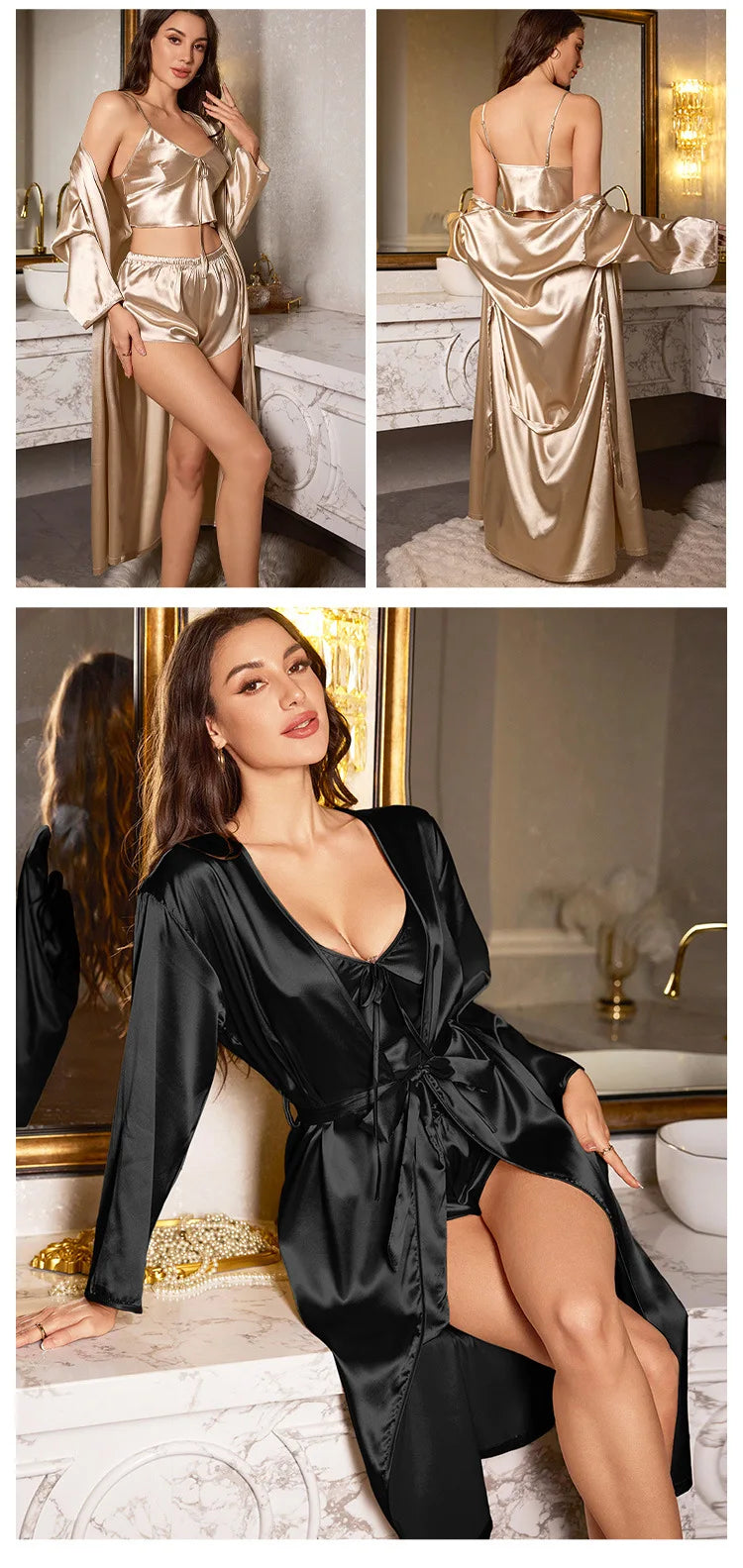 3PCS Sexy Women Pajamas Ladies Nightgowns Satin Robes Nightdress Sling and Short Women Robe
