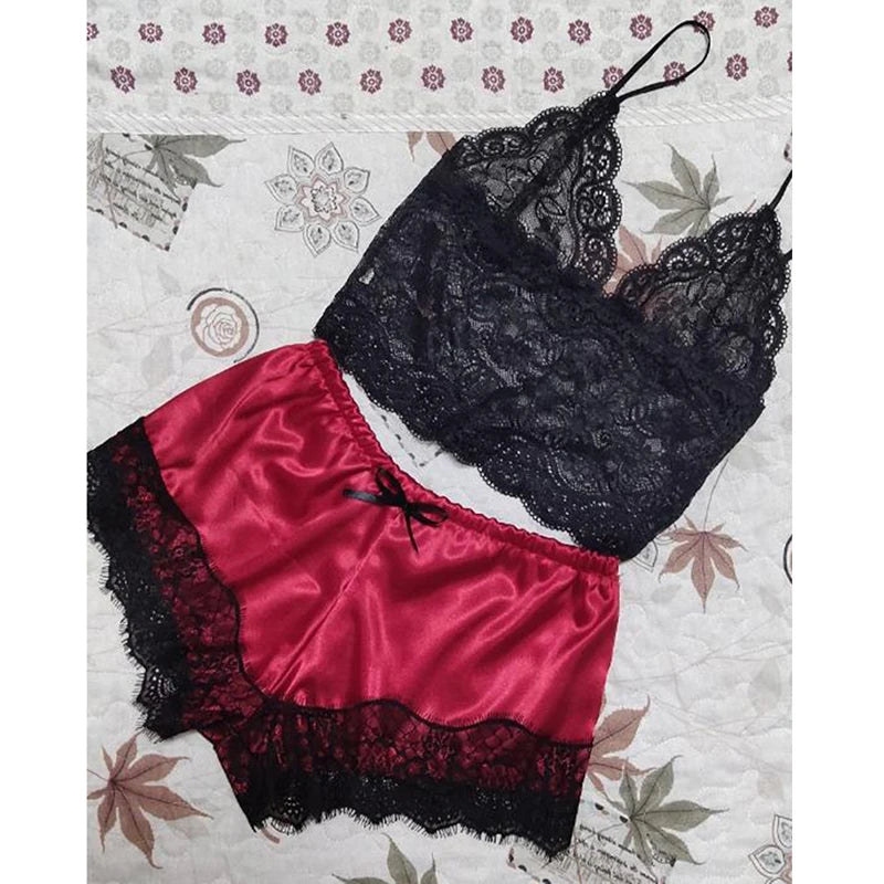 2PCS Womens Lace Sleepwear Lingerie Tops Shorts Set Babydoll Pajamas Nightwear