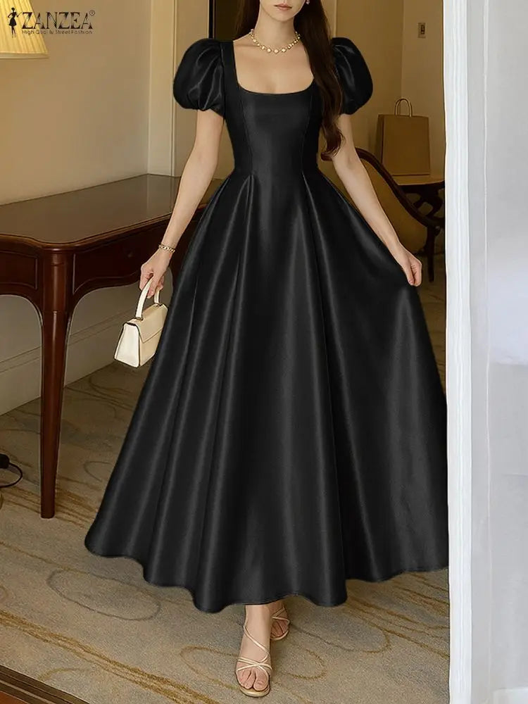 ZANZEA Women's Elegant White Satin Long Dresses Wedding Guest Cocktail Evening Party Dress Square Neck Sleeveless Robes Femme