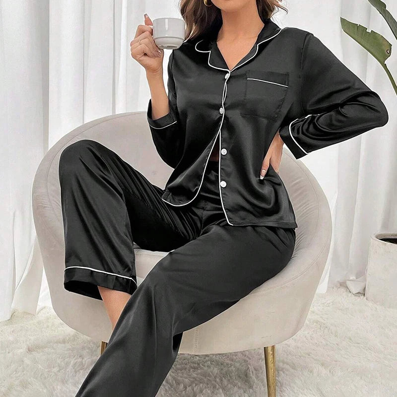 Women's Sleepwear Simple Satin Pajama Set Long Sleeve Buttons Lapel Top With Elastic Pants Loungewear Nightwear 2 Piece Nighty
