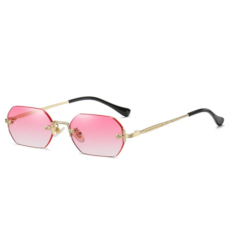 Rimless Rectangle Sunglasses Small Men Glasses Women Metal Gold Polygon Blue Shades 2024 UV400 Frameless