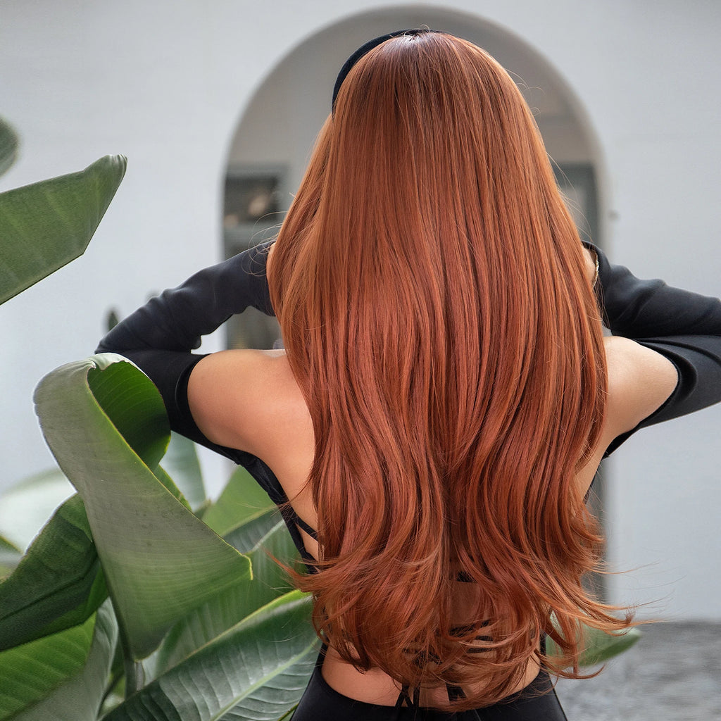 GEMMA Red Brown Copper Ginger Long Straight Synthetic Wigs for Women Natural Wave Wigs with Bangs Heat Resistant Cosplay Hair