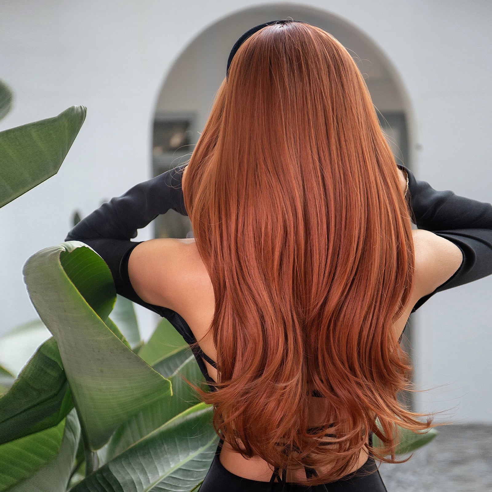 GEMMA Red Brown Copper Ginger Long Straight Synthetic Wigs for Women Natural Wave Wigs with Bangs Heat Resistant Cosplay Hair