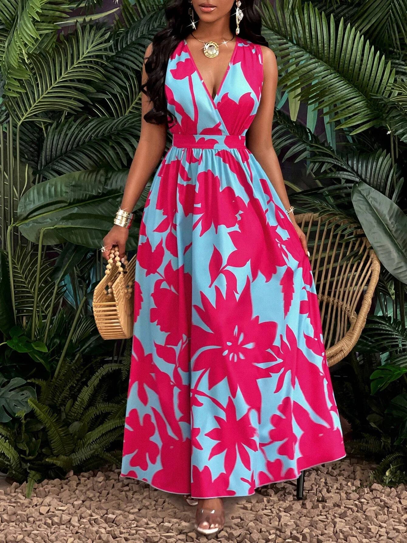 Vintage color contrast sleeveless V-neck dress, unique print interpretation elegant style