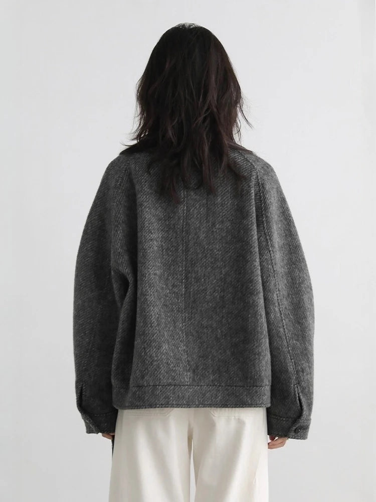 CHIC VEN Women Short Woolen Coat New Stand Up Twill Texture Single Breasted Ladies Jacket Retro Woman Outwear Autumn Winter 2025