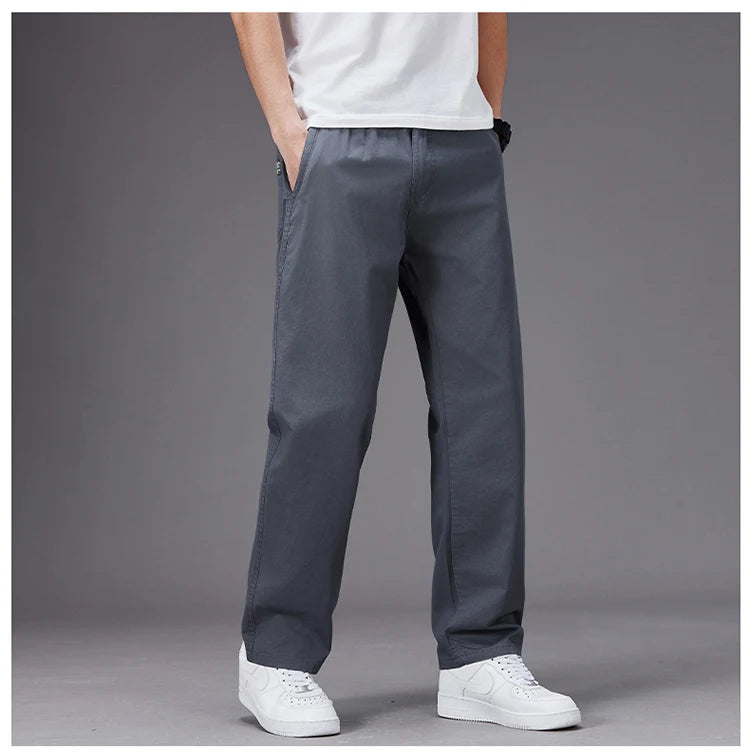 Big Size Casual Pants Men Elastic Waist Straight Leg Fit Summer Trousers Male Loose Cotton Work Wear Plus Large 6XL Khaki Light