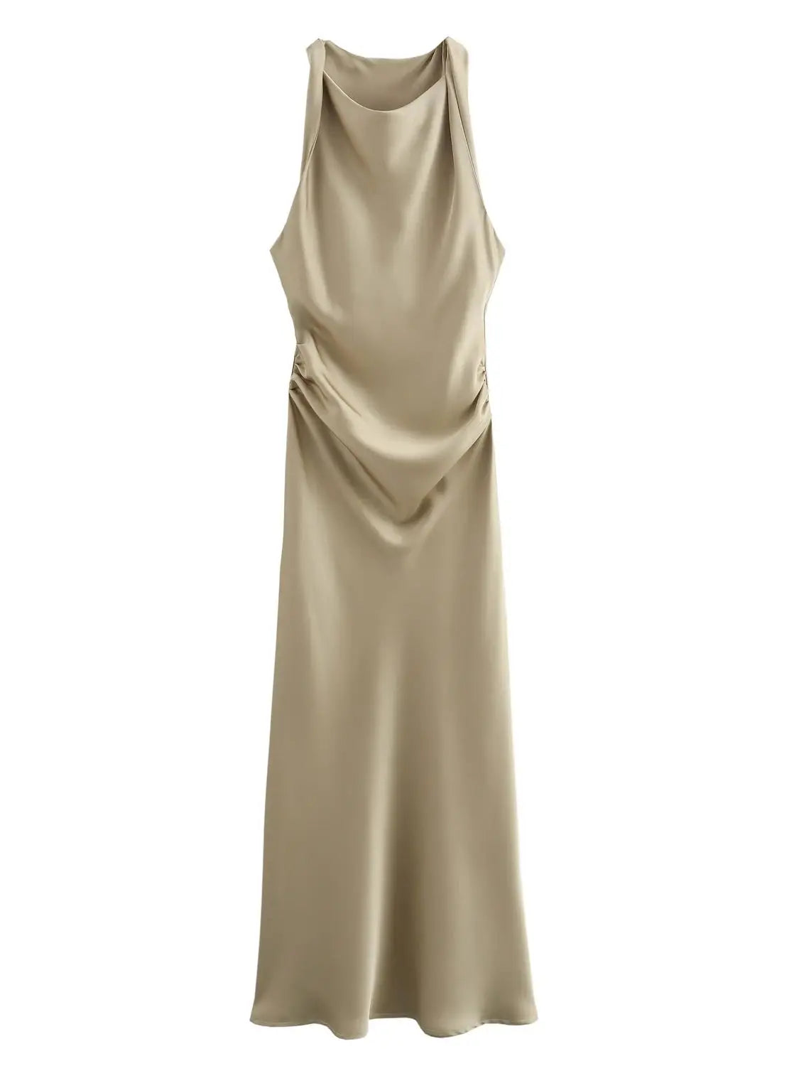 XNWMNZ 2024 Women's Fashion Satin Midi Dress Women High Street O Neck twisted armholes Waist Gathered Fit female Midi Dresses