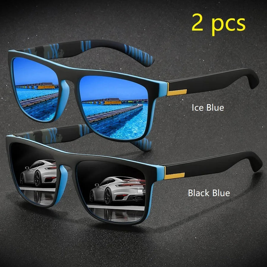 2 Pieces Fashion Vintage Square Sports Sunglasses Men Women Driving Fishing Brand Designer Sun Glasses Retro Man Eyewear UV400