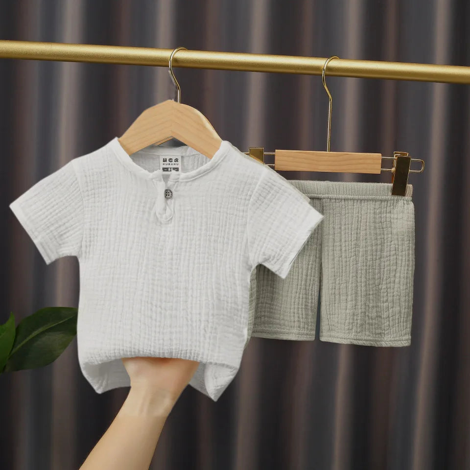 0-5Y Boys Girls Clothing Sets Summer Solid Cotton Linen T-shirts+Elasctic Shorts Kids Clothes Casual Clothing Sets for Children