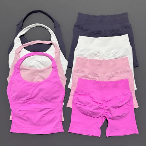 2 Peice Histello Sports Set Women Seamless Halter Top Longline Strappy Padded Scrunch Shorts Set Yoga Suit Gym Workout Sets