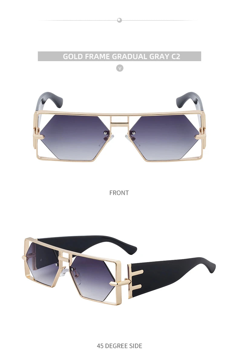 Steampunk Rectangle Sunglasses Women Men 2026 Luxury Hollow Metal Frame Sun Glasses Vintage Punk Hexagon Eyewear UV400 Shades