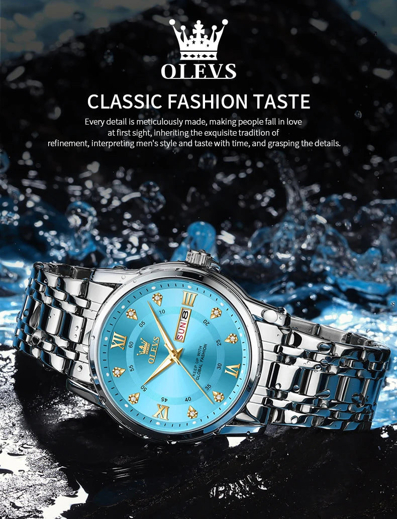 OLEVS 5513 Exclusive Original Quartz Watch for Men Diamond Roman Scale Waterproof Wristwatch Dual Calendar Stainless Steel Watch
