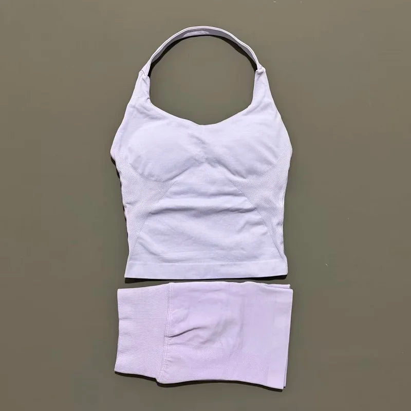 2 Peice Histello Sports Set Women Seamless Halter Top Longline Strappy Padded Scrunch Shorts Set Yoga Suit Gym Workout Sets