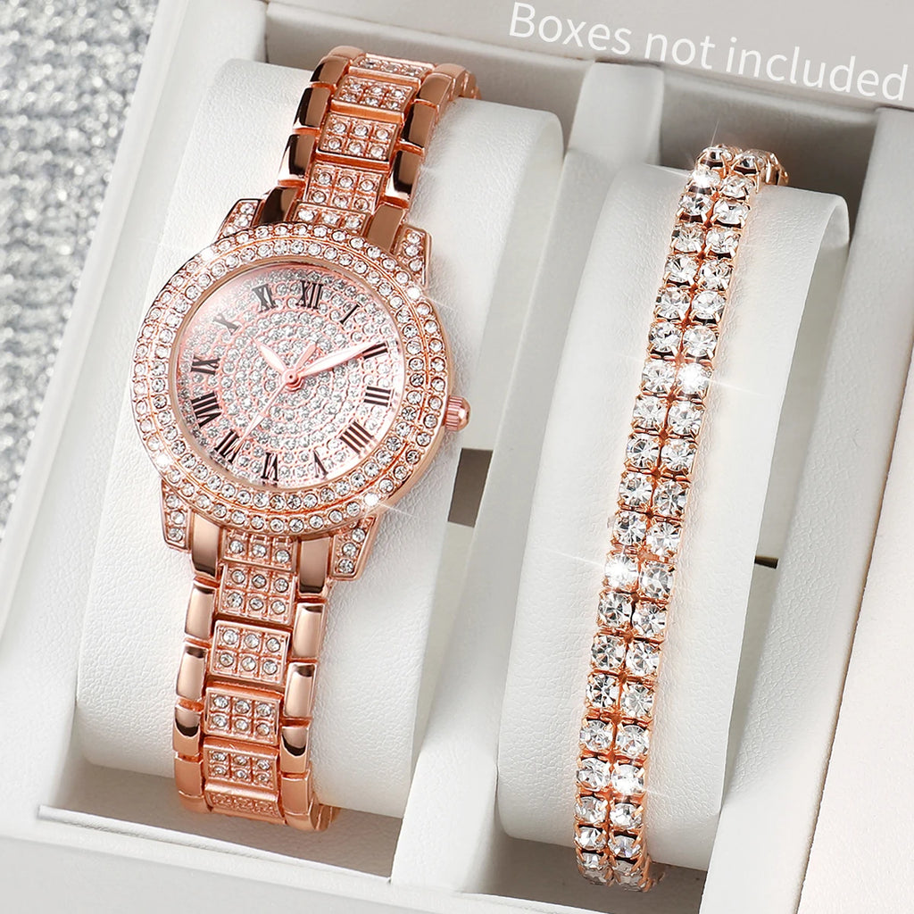 2PCS Fashion Full Diamond Women's Watch Gold Steel Band Analog Quartz Watches Bracelet Set