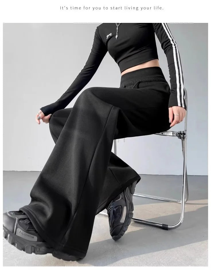 Women's gray sports high waist hanging loose slimming straight leg wide leg pants American sweatpants.