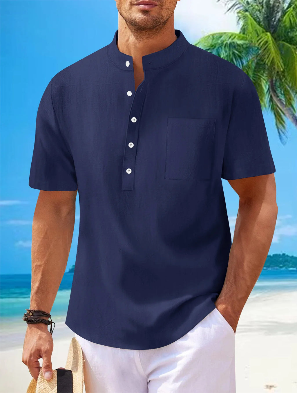 2025 autumn cross-border men's cotton and linen stand collar short sleeved shirt, loose casual Henley shirt for men