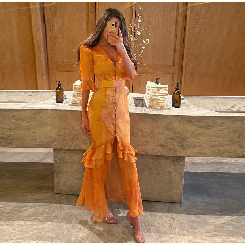 Organza Floral Printed Maxi Dress V-neck Puff Sleeve 2026 Spring/summer Romantic Women Party Gown Fashion Elegant Lady Vestido