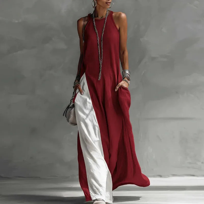 Casual Sleeveless Summer Boho Vacation Maxi Dress Woman Sexy O Neck Contrast Color Long Dress Spring Pocket A-Line Party Dresses