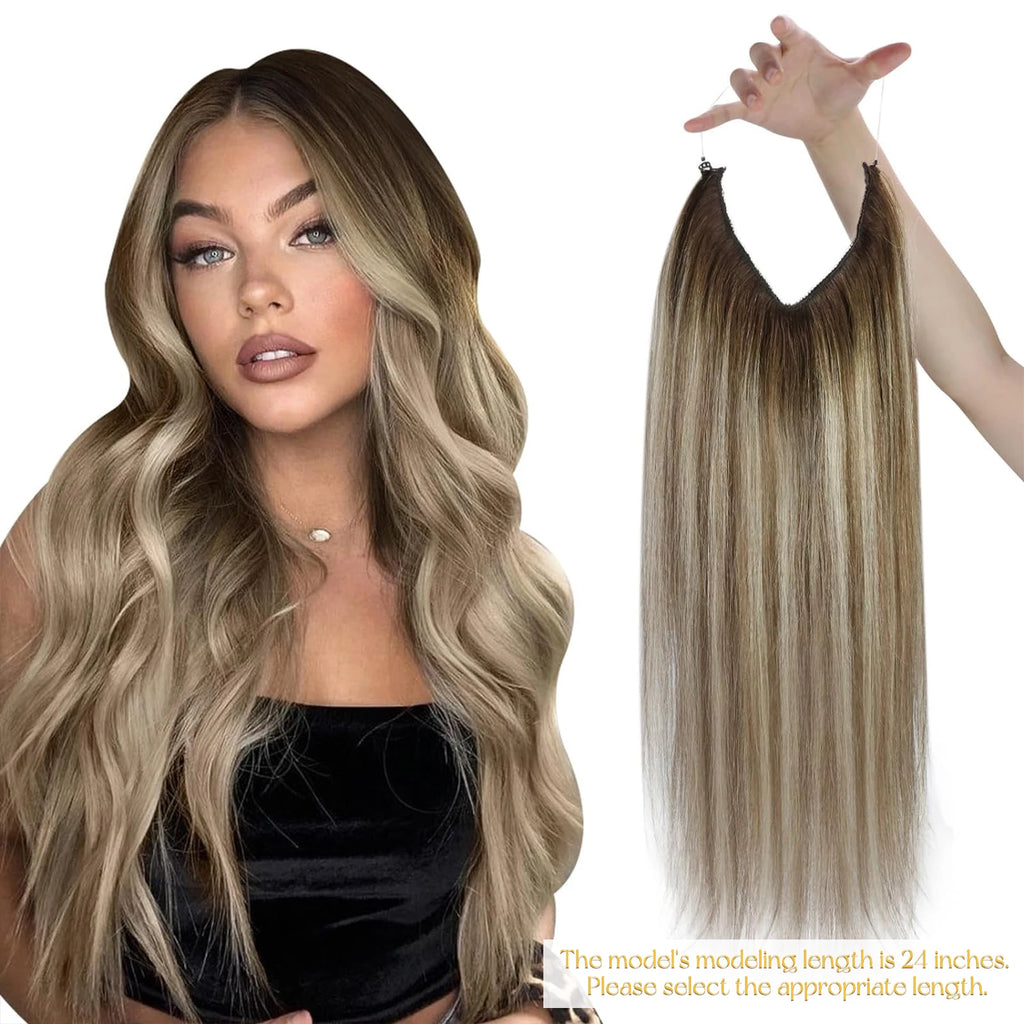 VeSunny Fish Line Human Hair Extension Wire Natural Hair One Piece Invisible Wire Hair Weft with 2 Clips Blonde Soft Remy Hair