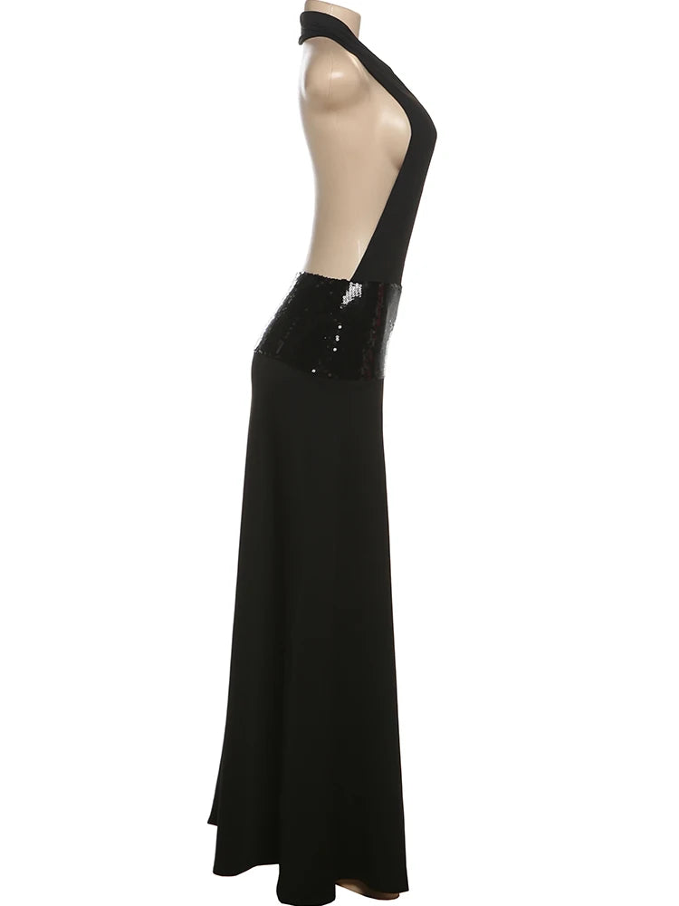 Sisterlinda Backless Fashion Dresses Elegant Halter Patchwork Draped Maxi Bodycon Female Solid Simple Evening Party Frock New