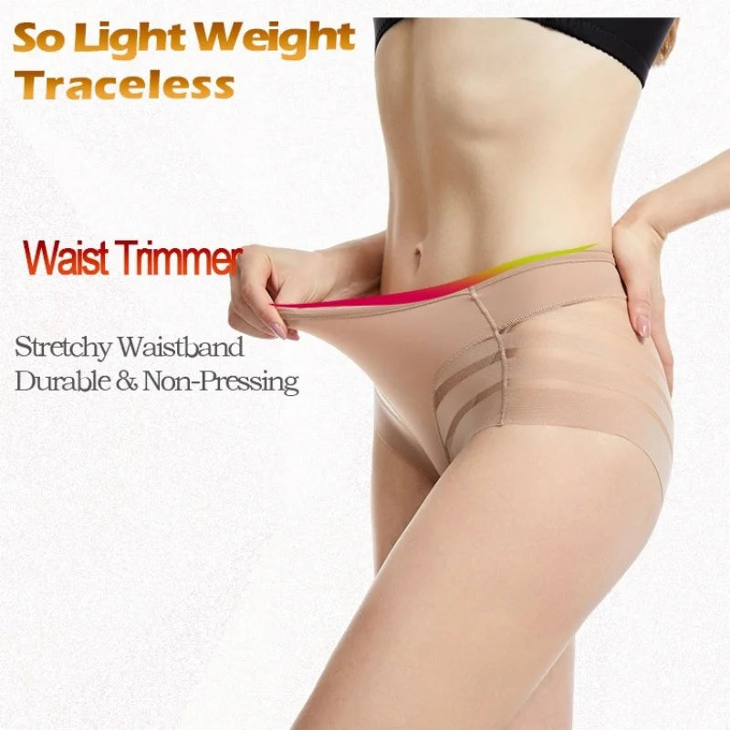 2Pcs/Set Women's Ice Silk Tummy Control Panties Mid Waist Mesh Splice Shaping Briefs Butt Lifter Slimming Soft Underwear M-3XL