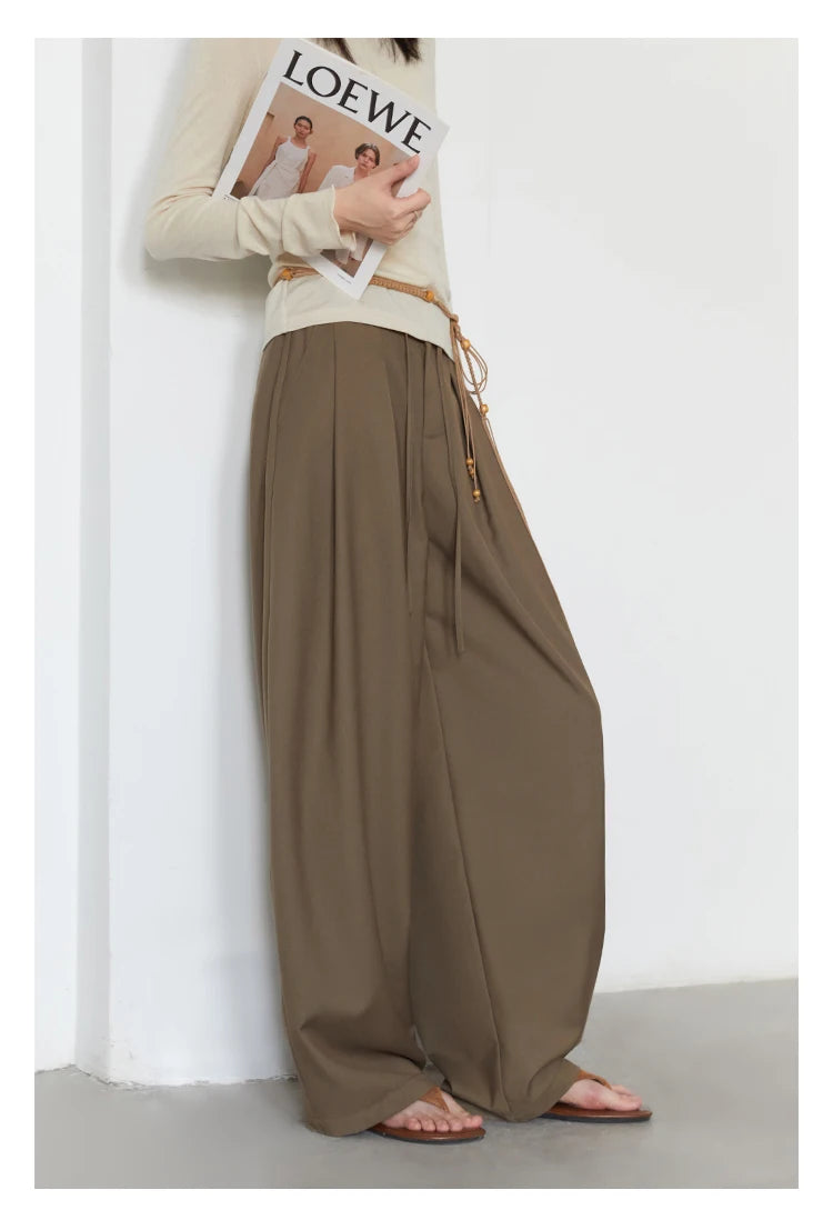 CHIC VEN Women Pants Solid Loose Casual Wide Leg Pant Drawstring Pleated Female Suit Trousers Office Ladies Sping Autumn 2025