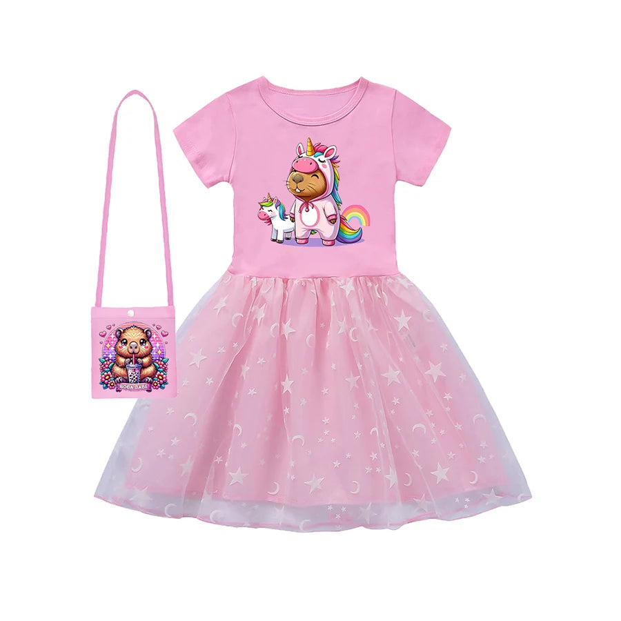 Rainbow Capybara Party Dress for Baby Girl Wedding Dress Our Beloved Baby Fashion for Babies Checkered Children Dresses Coming