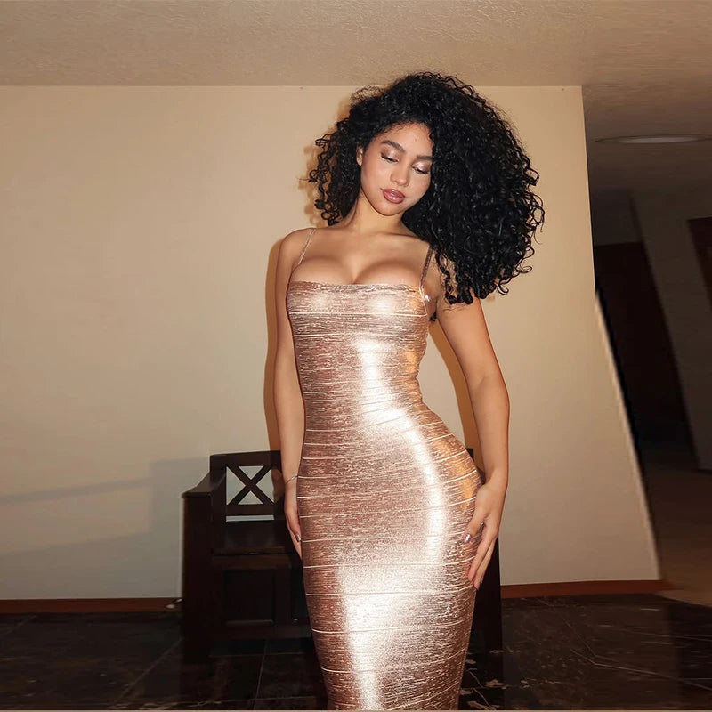 Metallic Shimmer Spaghetti Strap Sweetheart Neck Maxi Dress Bodycon Bandage For Women Night Out Party And Evening Wear