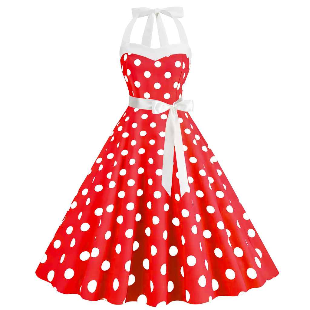 Elegant Women Pink Polka Dot Dress Summer Robe Hepburn 1950s 60s Vintage Sexy Halter Rockabilly Retro Party Dresses 2026 Vestido