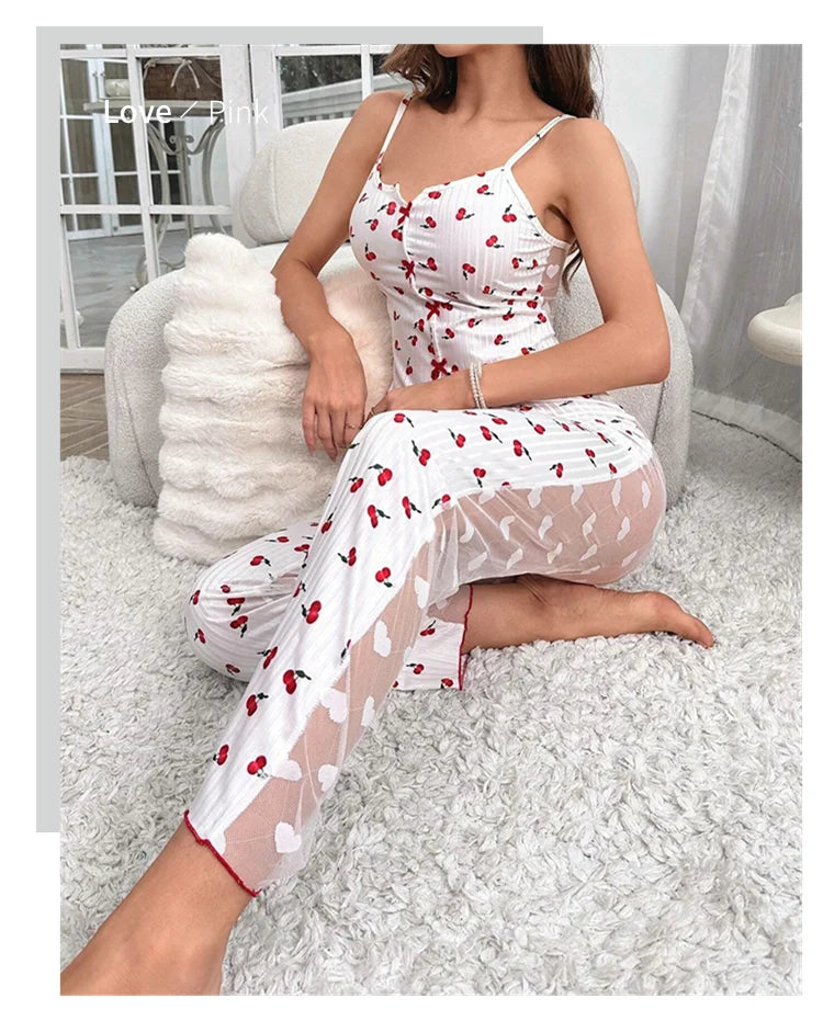 Women's Sleepwear & Loungewear Heart Print Contrast Lace Pajamas Pj Set Summer Sleevelss Cami Top & Elastic Pants Pyjama 2 Piece