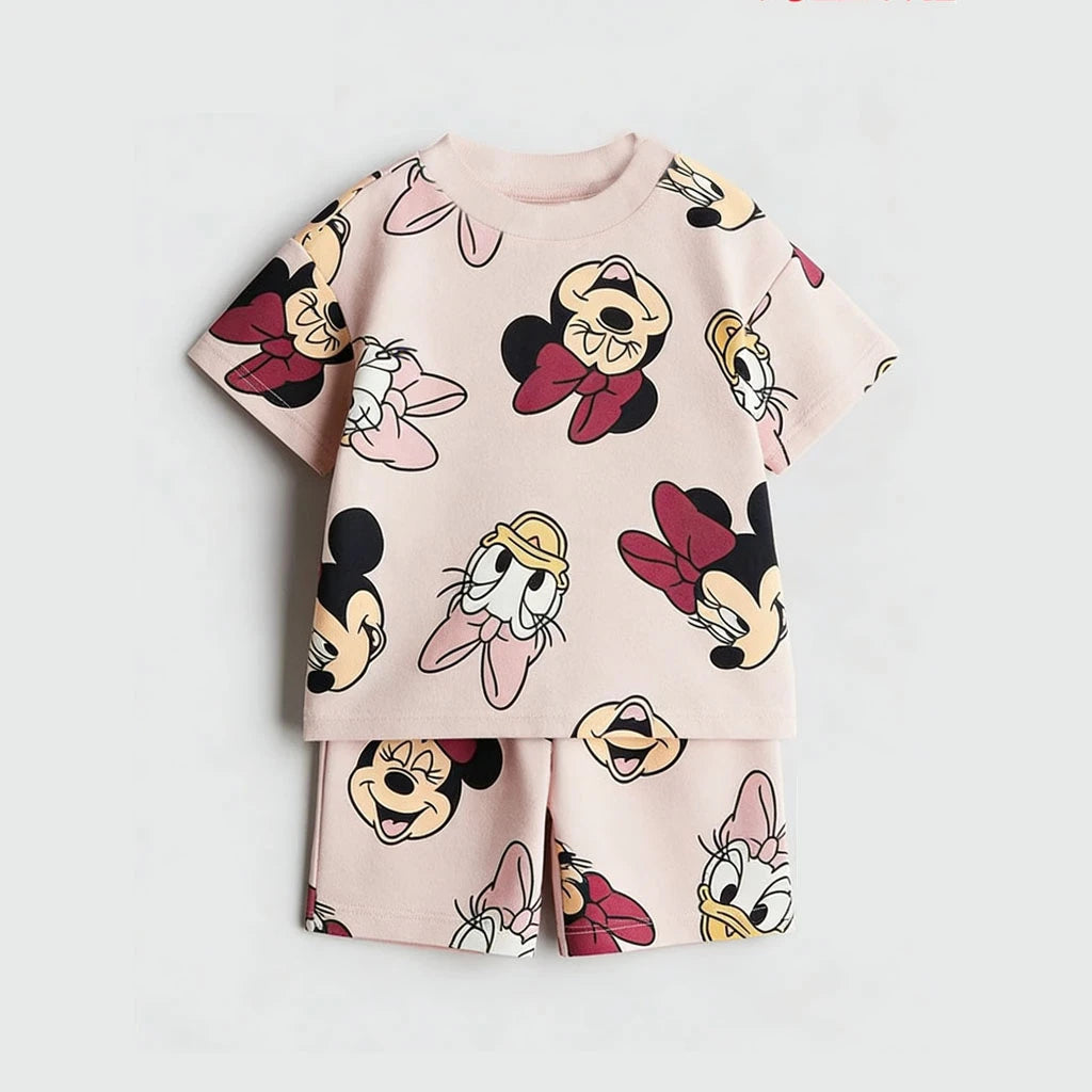 Disney Mickey Children's Sports Set Cartoon Fashion Loose Girl Baby Boy Short Sleeve Round Neck T-shirt+shorts Two Piece Set