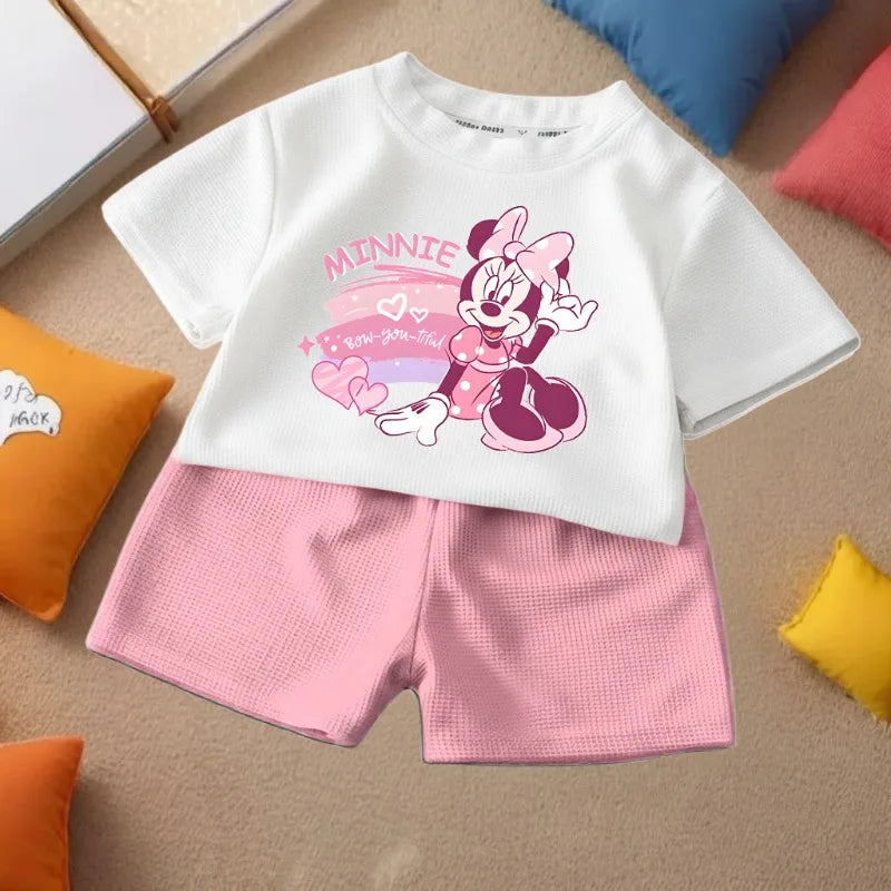 DISNEY Children's Casual T Shirt and Shorts 2pcs Sets Cute Minnie Printed Girls Fashion Outfits Summer Kids Outdoor Shorts Set