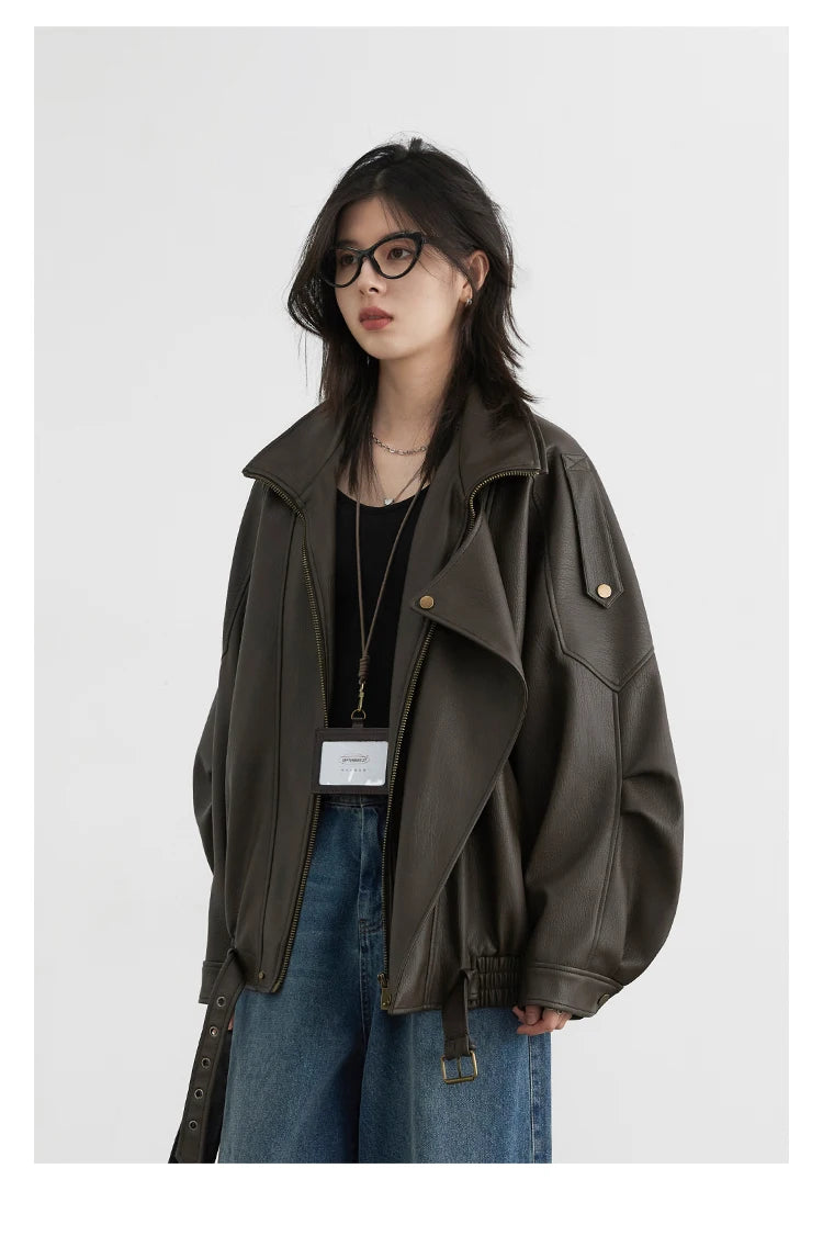 CHIC VEN Woman PU Jacket Solid Loose New Retro Standing Collar Motorcycle Faux Leather Coat Female Top Spring Autumn 2026