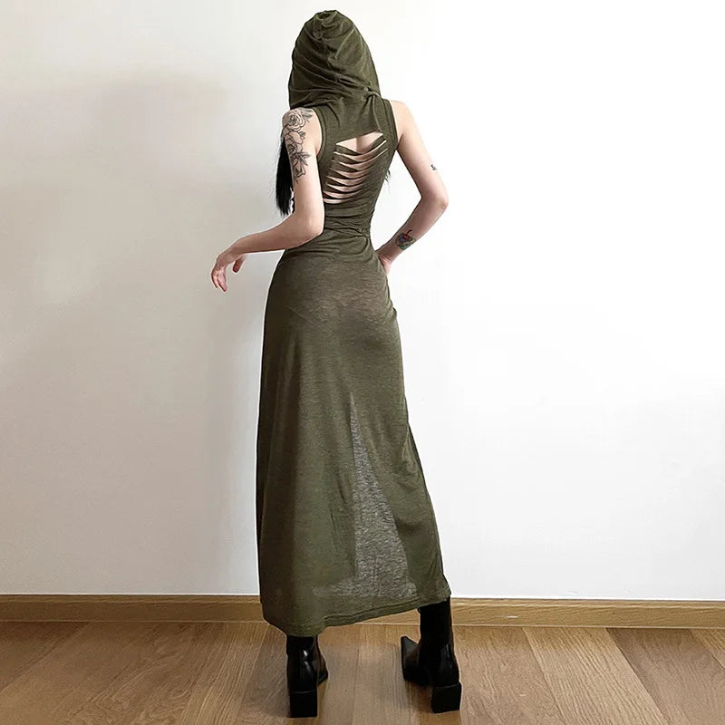 y2k Dress Women Clothes Solid Color Sleeveless Hollow Out Back Slit Hooded Dress 2000s Halloween Party Dresses