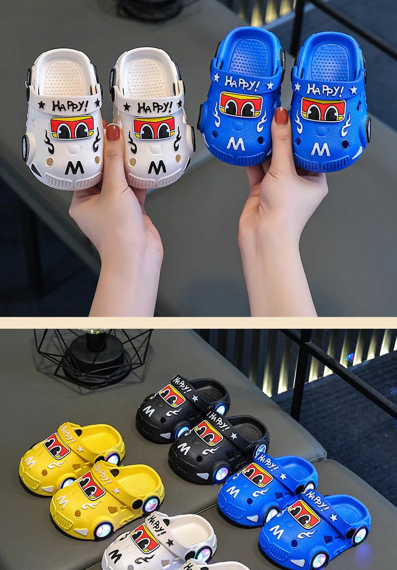 Children's Slippers 2026 Summer New Boys' Car Shaped Wheels Will Light Up Anti Slip Soft Bottom Baby Beach Slippers