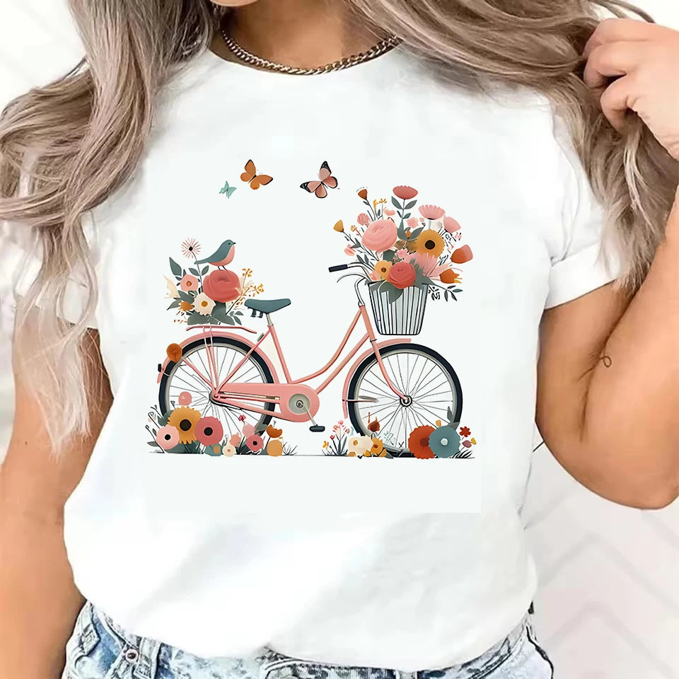 Floral Butterfly with Bicycle Print Casual T-Shirt Graphic Print Design Round Neck Tee Spring Summer T Shirt