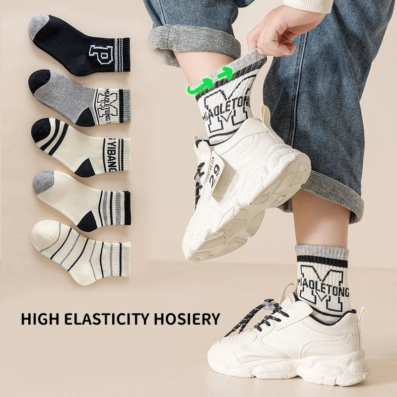 5 Pairs Letter Children Boys Sports Socks High Quility Cotton Combed Comfortable Soft Sweat Absorbing Elastic Mid-calf Kids Sock