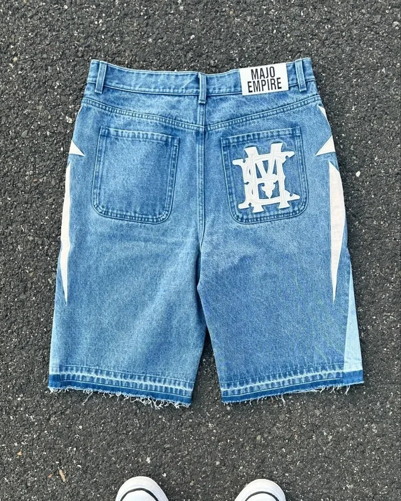 American fashion trend Street style wide-leg Jeans for men Y2k embroidered baggy jeans Goth punk High street casual shorts