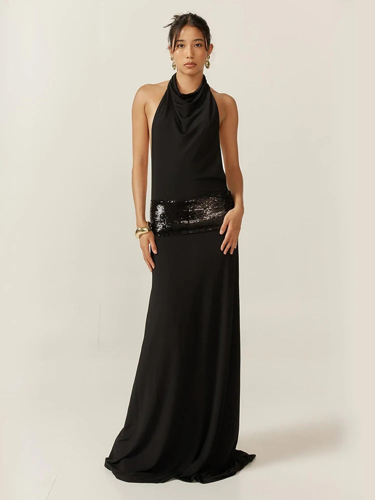 Sisterlinda Backless Fashion Dresses Elegant Halter Patchwork Draped Maxi Bodycon Female Solid Simple Evening Party Frock New