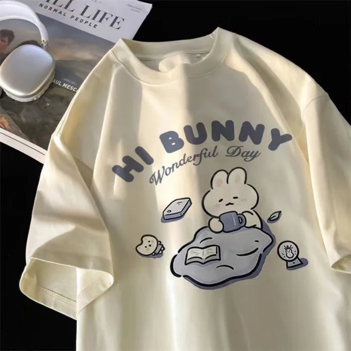 Summer Japanese Cute Tea-drinking Rabbit Printed Short-sleeved T-shirt for Ladies and Boys Same Loose Casual Large-size Top
