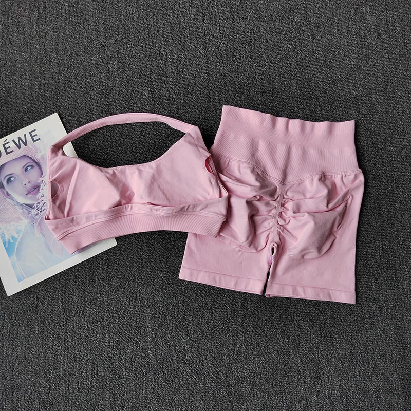 2PCs Peach High Waist Belly Hip Lifting Sports Bras Shorts Suit Gathering Shock-proof Neck Halter Yoga Suit Running Fitness Set