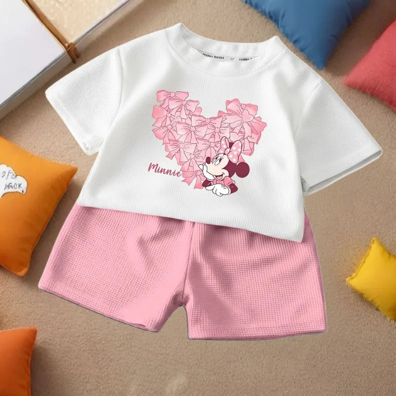 DISNEY Children's Casual T Shirt and Shorts 2pcs Sets Cute Minnie Printed Girls Fashion Outfits Summer Kids Outdoor Shorts Set