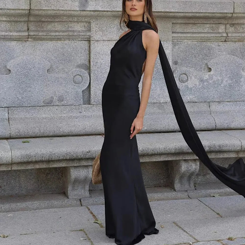 VEITCHE Elegant Women's Soft Silk Satin Long Dress Halter Backless Sleeveless Maxi Dresses Summer Lady Long Ribbon Party Gowns