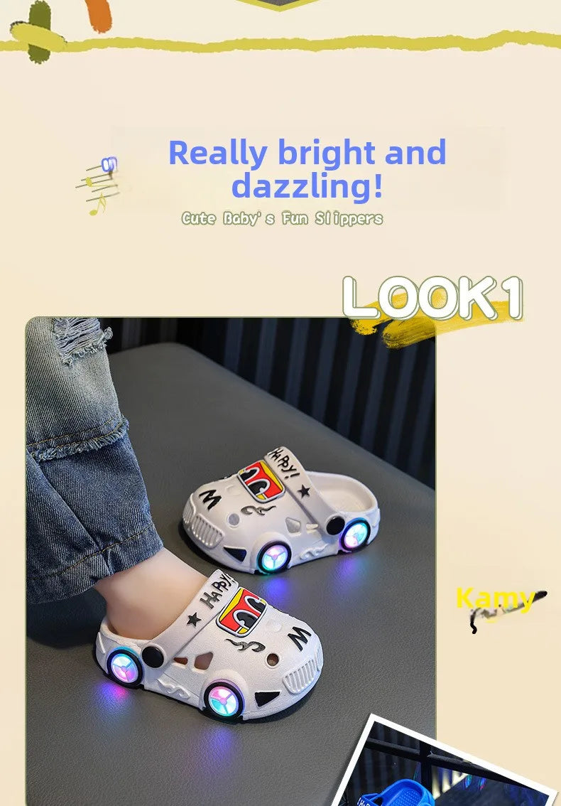 Children's Slippers 2026 Summer New Boys' Car Shaped Wheels Will Light Up Anti Slip Soft Bottom Baby Beach Slippers