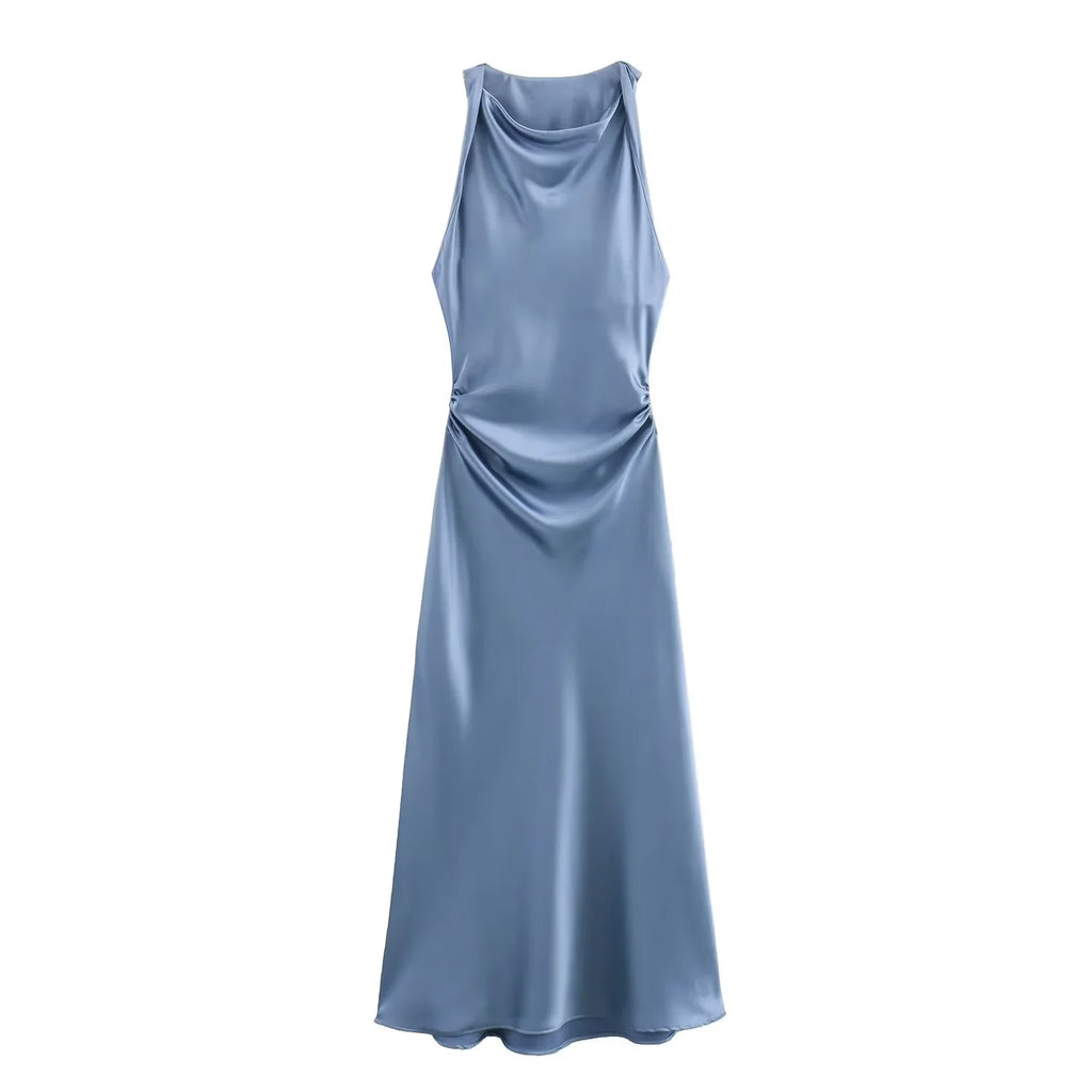 XNWMNZ 2024 Women's Fashion Satin Midi Dress Women High Street O Neck twisted armholes Waist Gathered Fit female Midi Dresses